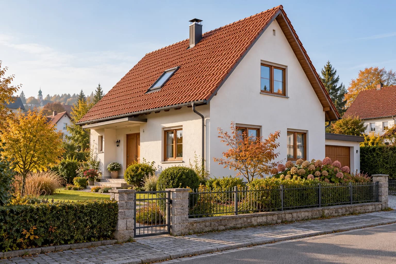 Einfamilienhaus mit hellem Putz und Garten im Herbst