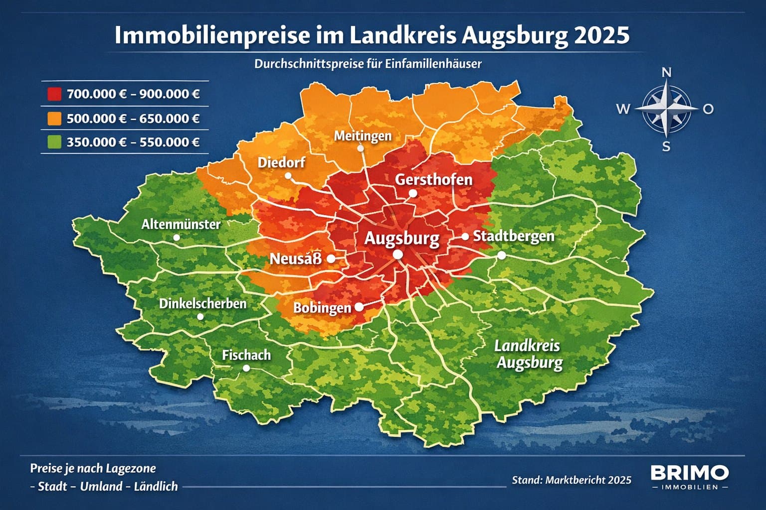 Immobilienpreise im Landkreis Augsburg 2025 – Durchschnittspreise für Einfamilienhäuser nach Lagezone